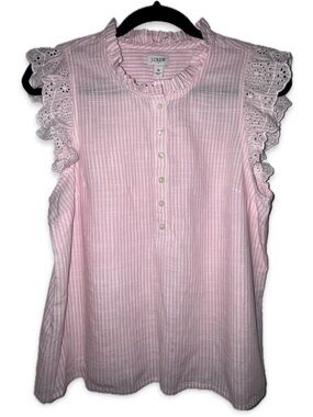 J.CREW PINK STRIPED RUFFLE EYELET SLEEVELESS TOP SIZE M